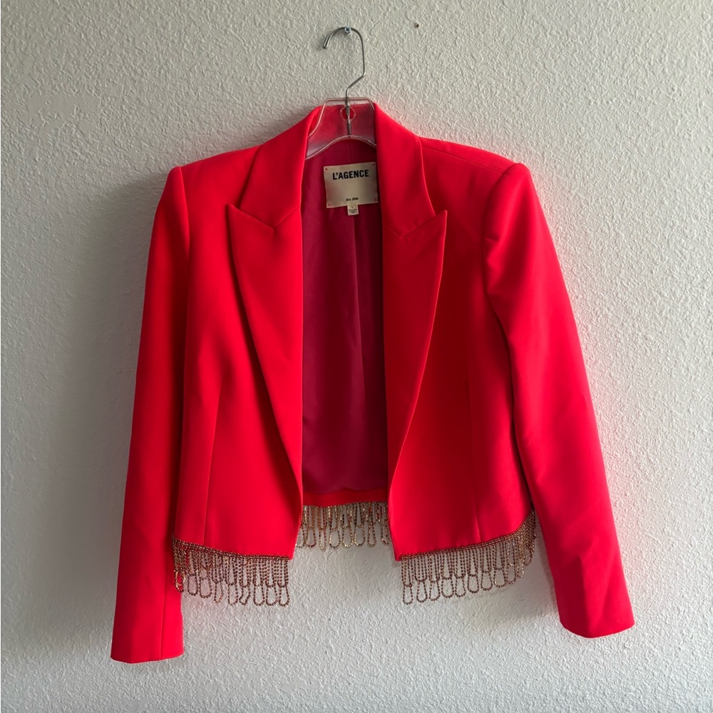 L'agence Jen Crystl Fringe Cropped Blazer In Pink Size 4